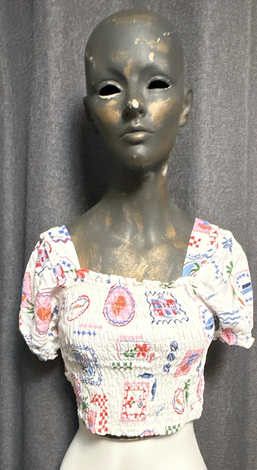 Monteau Los Angeles White Multicolor Geometric Square Neck Puff Crop Top S