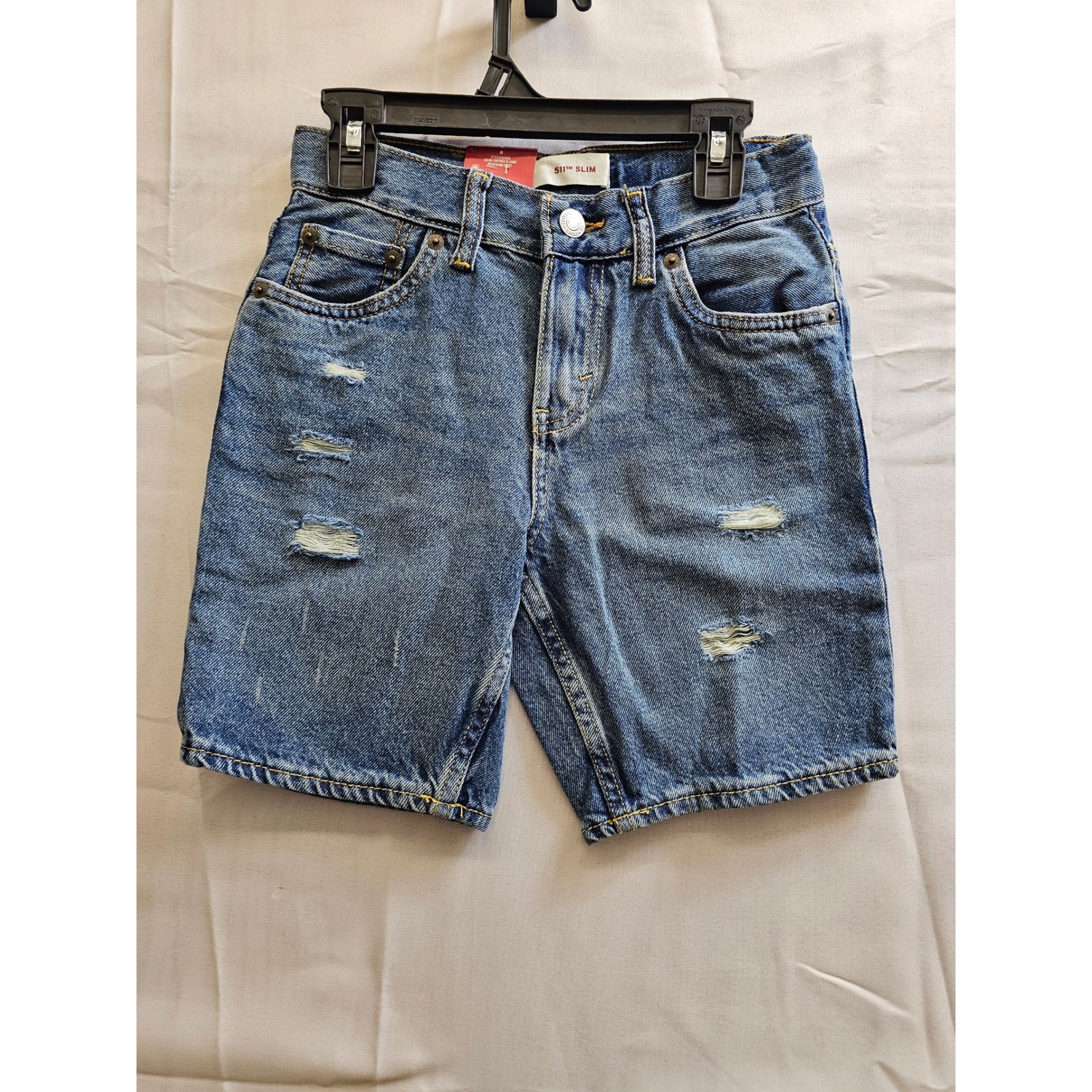 Levis 511 Slim Boys Denim Shorts Blue Distressed Size 8 Partner In Crime 955655