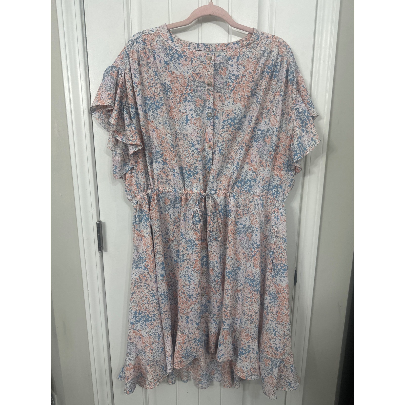 Davi & Dani Floral Button Down Ruffle Sleeve Drawstring Waist Dress Blue Peach L