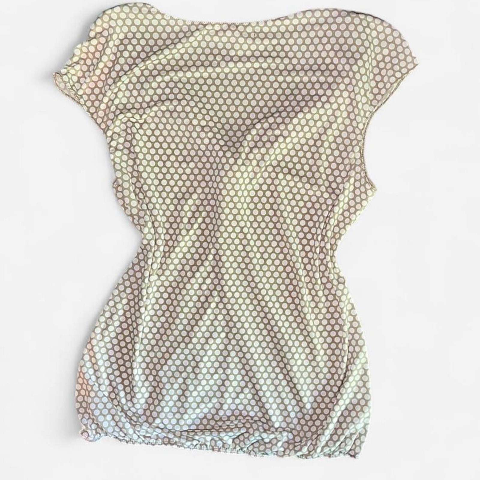 Max Studio Beige White Polka Dot V-Neck Cap Sleeve Babydoll Top – Size L