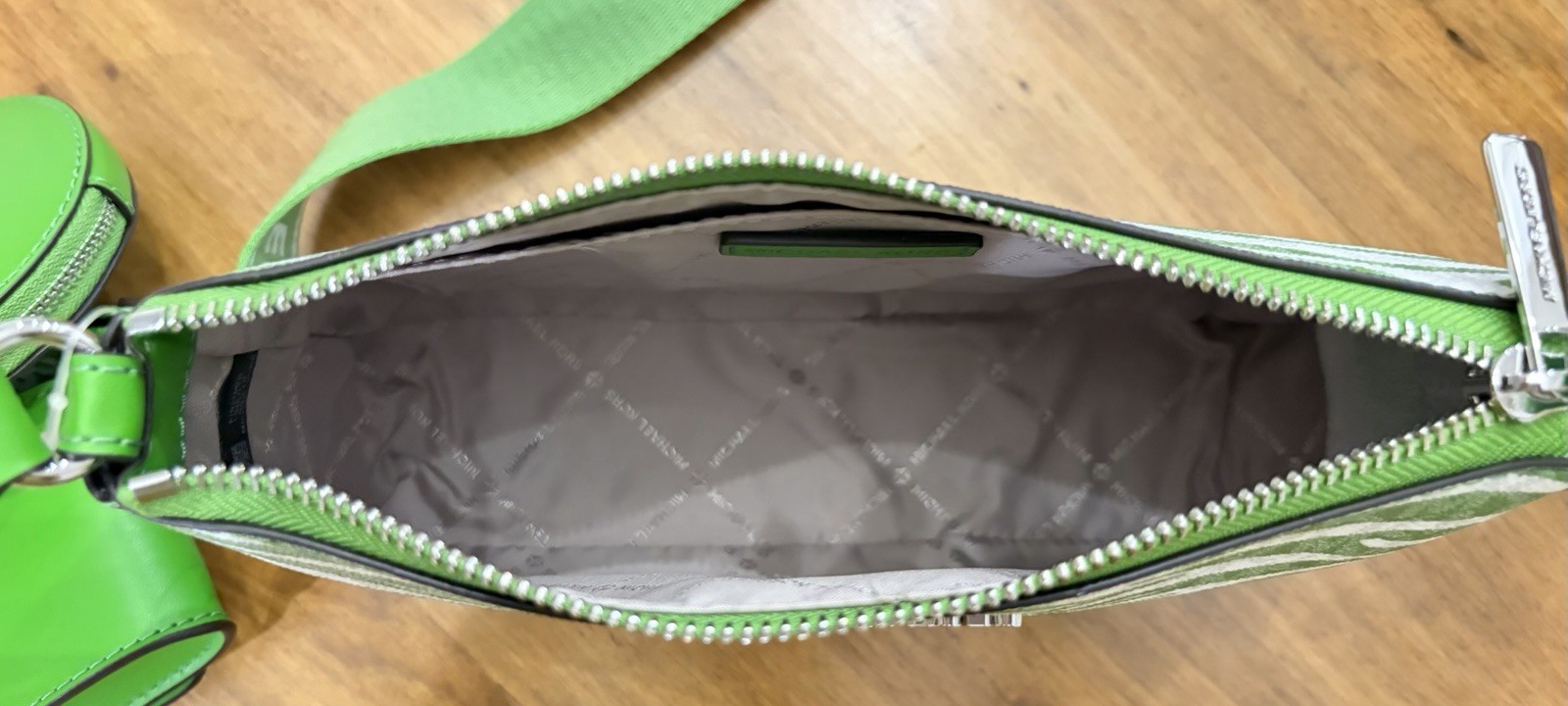 NWT Michael Kors Jet Set Travel Zebra Green/White Crossbody + Coin & Tech Pouch