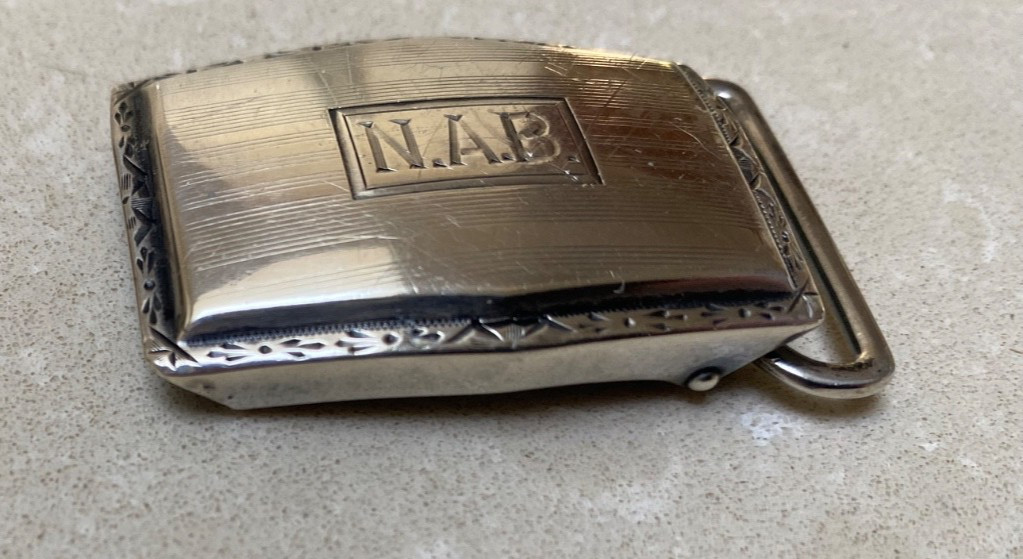 Vintage Sterling Silver Belt Buckle Engraved Edging and Initials N.A.B.