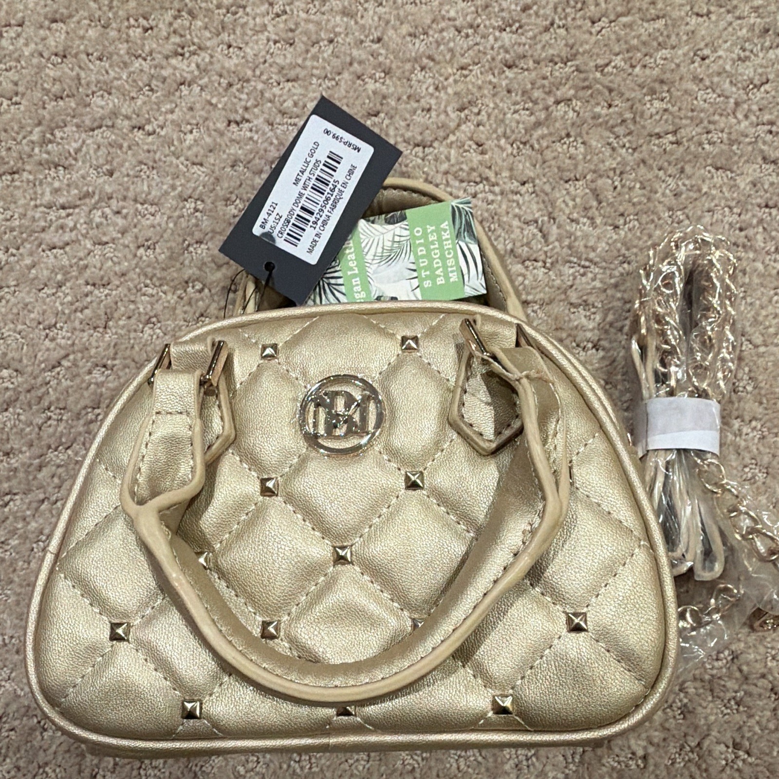 Studio Badgley Mischka Metallic Gold Quilted Studded Mini Satchel Zip Crossbody