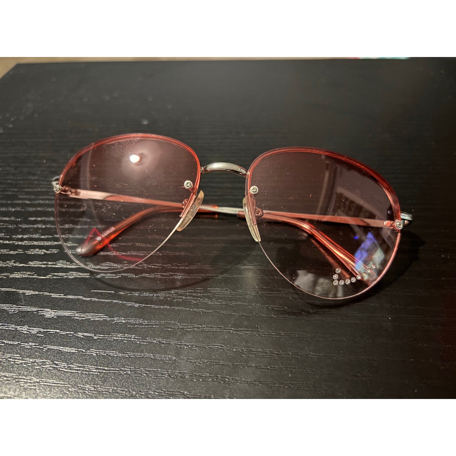 Luxus Pink Gradient Rimless Aviator Sunglasses Rhinestone Detail Silver Frame