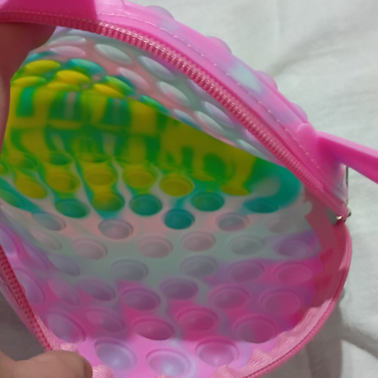 Round Pop-It Bubble Zip Crossbody Bag Pink Multicolor w Silver Chain Strap