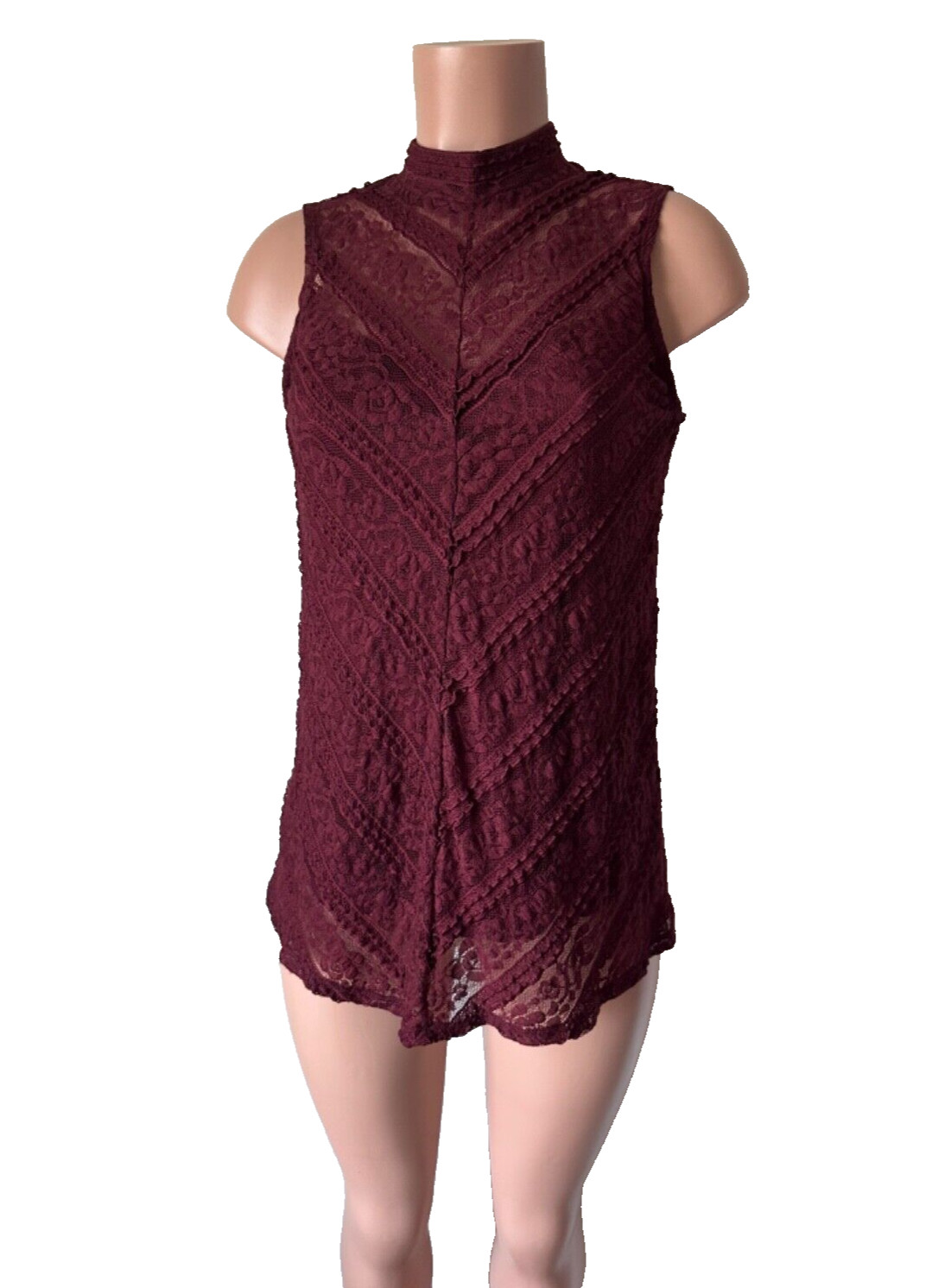 Knox Rose Sleeveless Lacey Knit Top w/Built-in Cami Mock Neck Women’s XS Maroon
