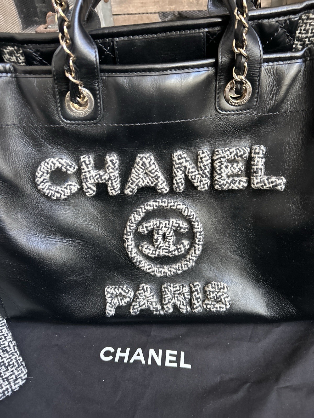 CHANEL Deauville leather & tweed handbag shopping tote – black & white