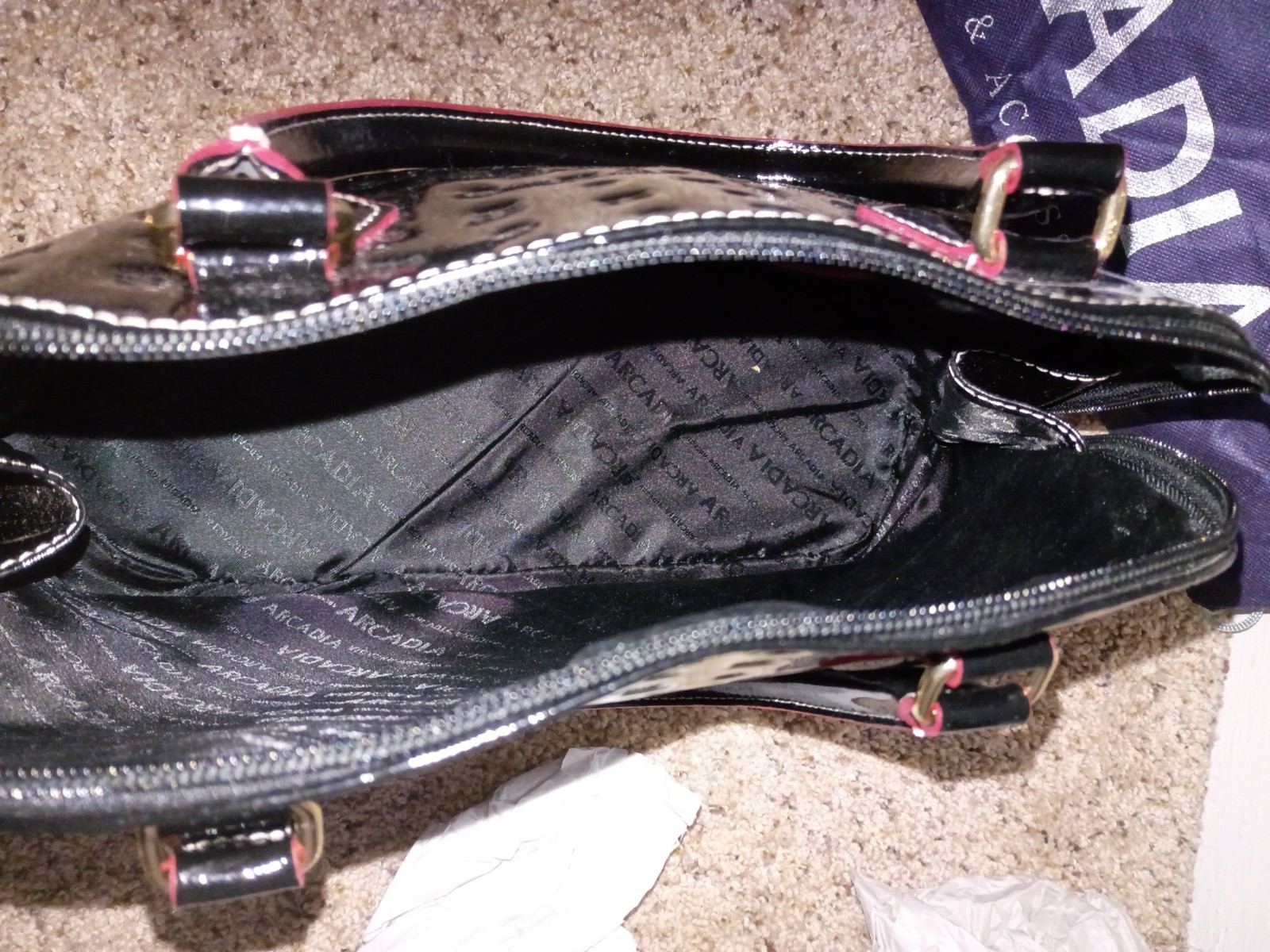 Arcadia Black Patent Pink Trim Zip Top Handle Satchel, Made in Italy, Dust Bag