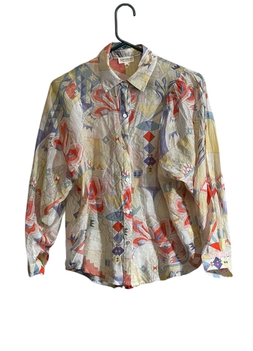 Season Women Med Blouse Lightweigt Semi Sheer Absract Colorful Flowy Button