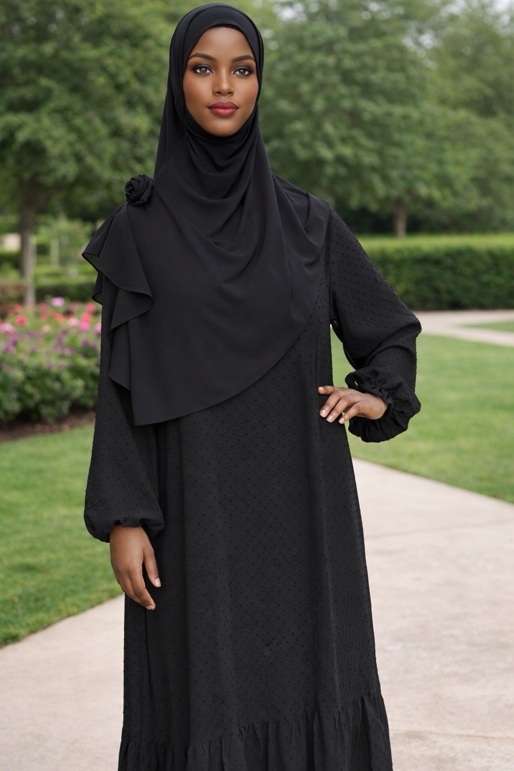 Polka dot elegant chiffon Abaya with matching belt