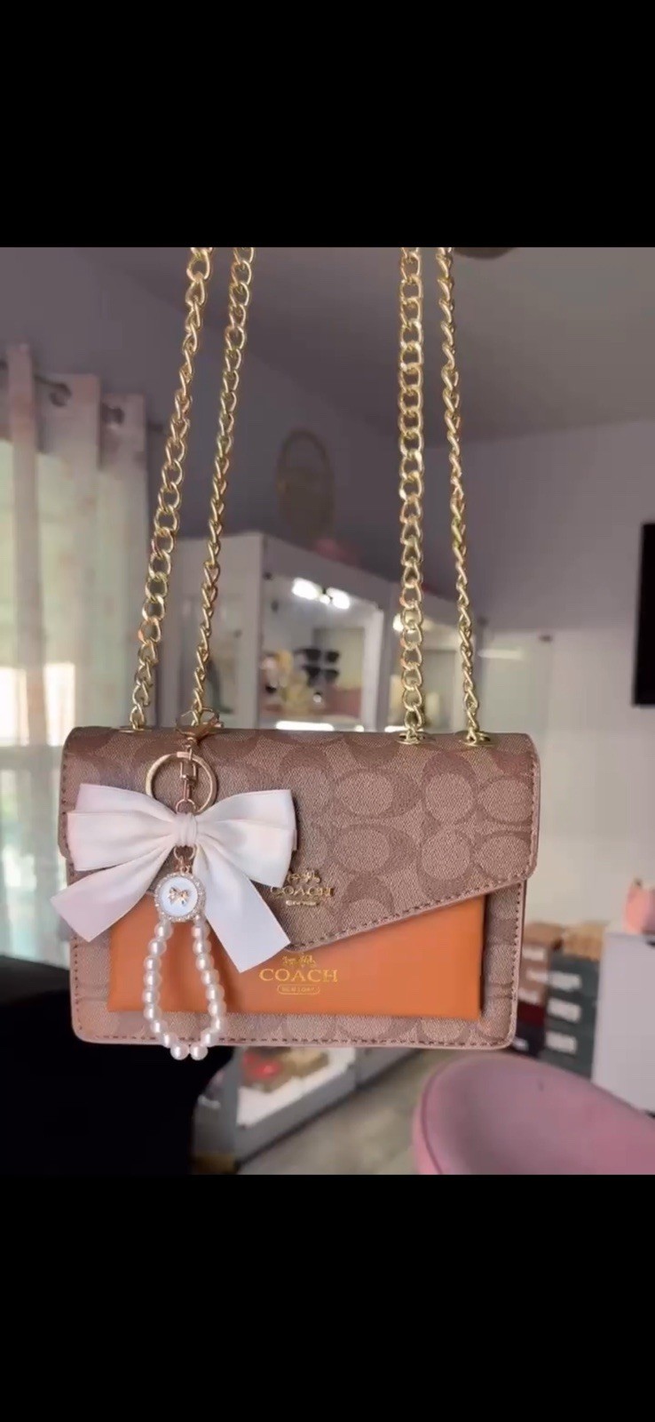 COACH Signature Small Crossbody Bag Beige/Brown/Orange Gold Chain Bow Charm