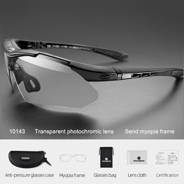 ROCKBROS Cycling Glasses Transparent Photochromatic Sport Sunglasses UV400 Black