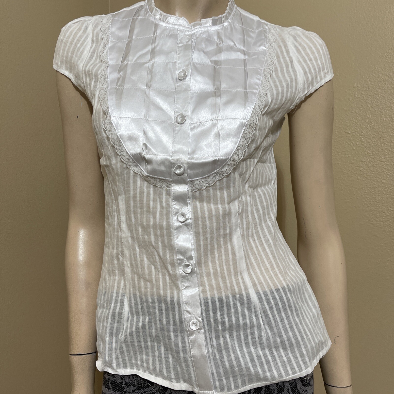 Women’s White Cotton Casual Sheer Striped Lace Satin Buttons Size L Blouse Top
