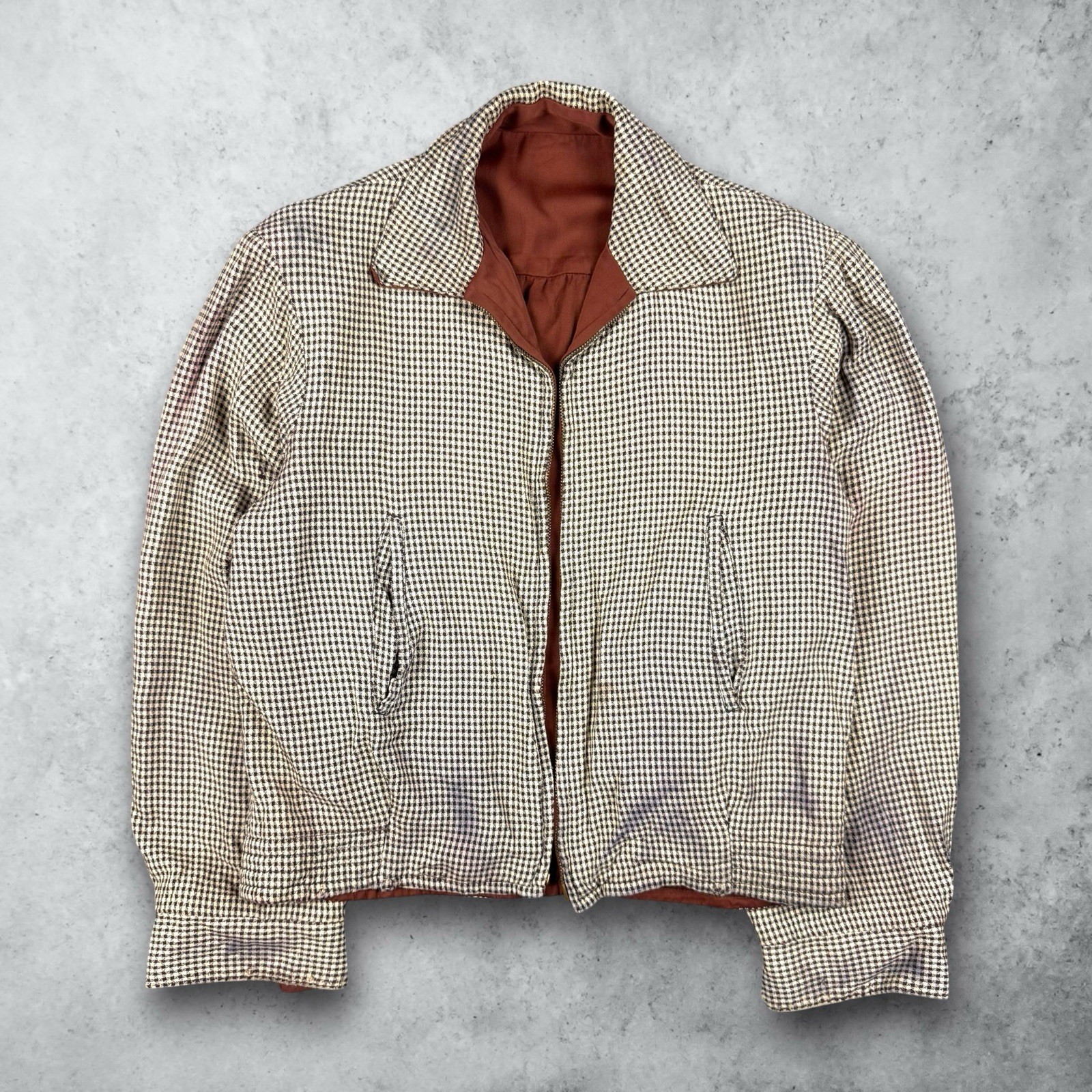 Vintage 50s Atomic Gabardine Ricky Reversible Houndstooth Jacket Rockabilly 38