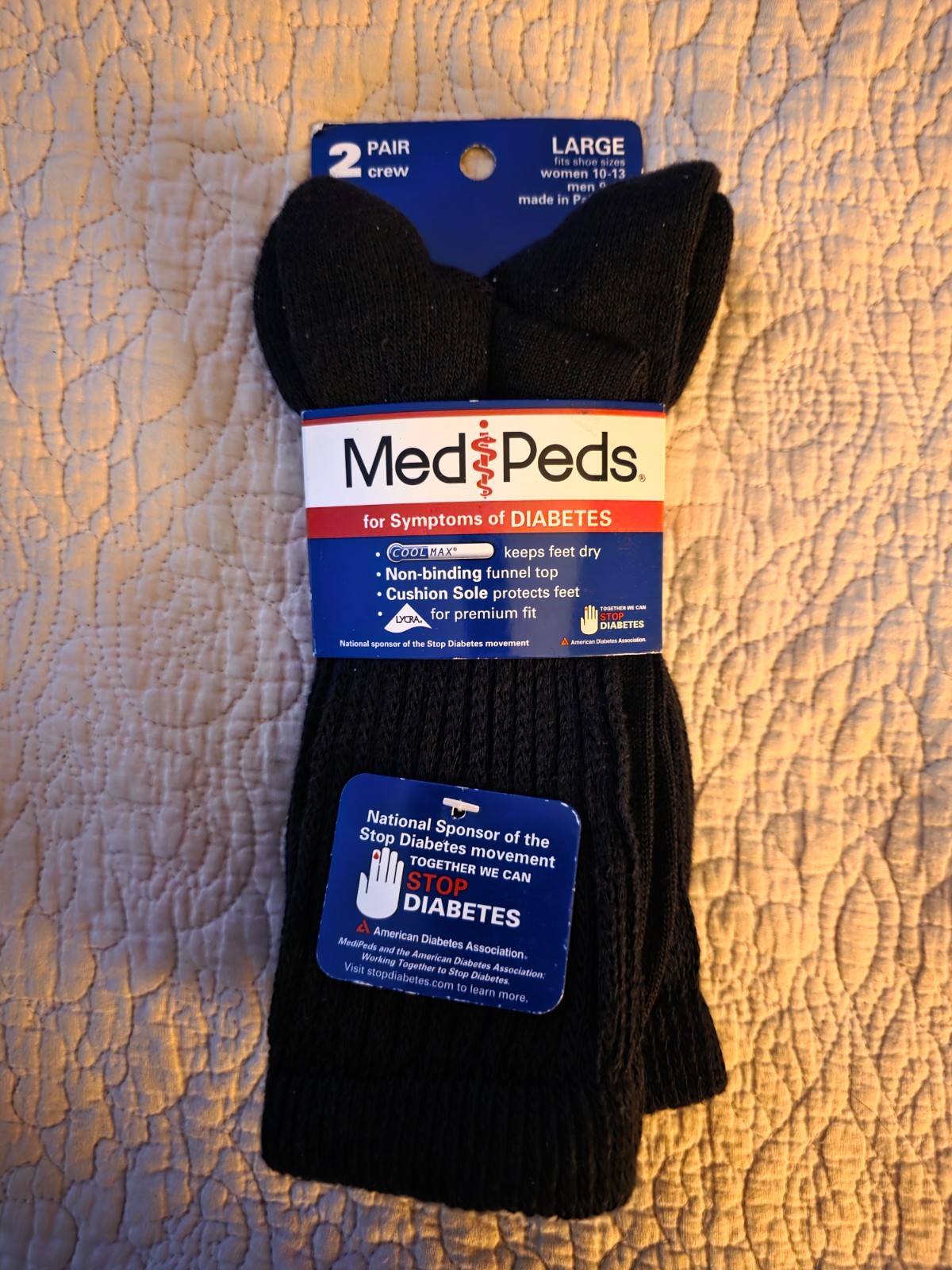 NEW MediPeds Diabetic Crew Socks Black Non-binding Top Cushioned Sole