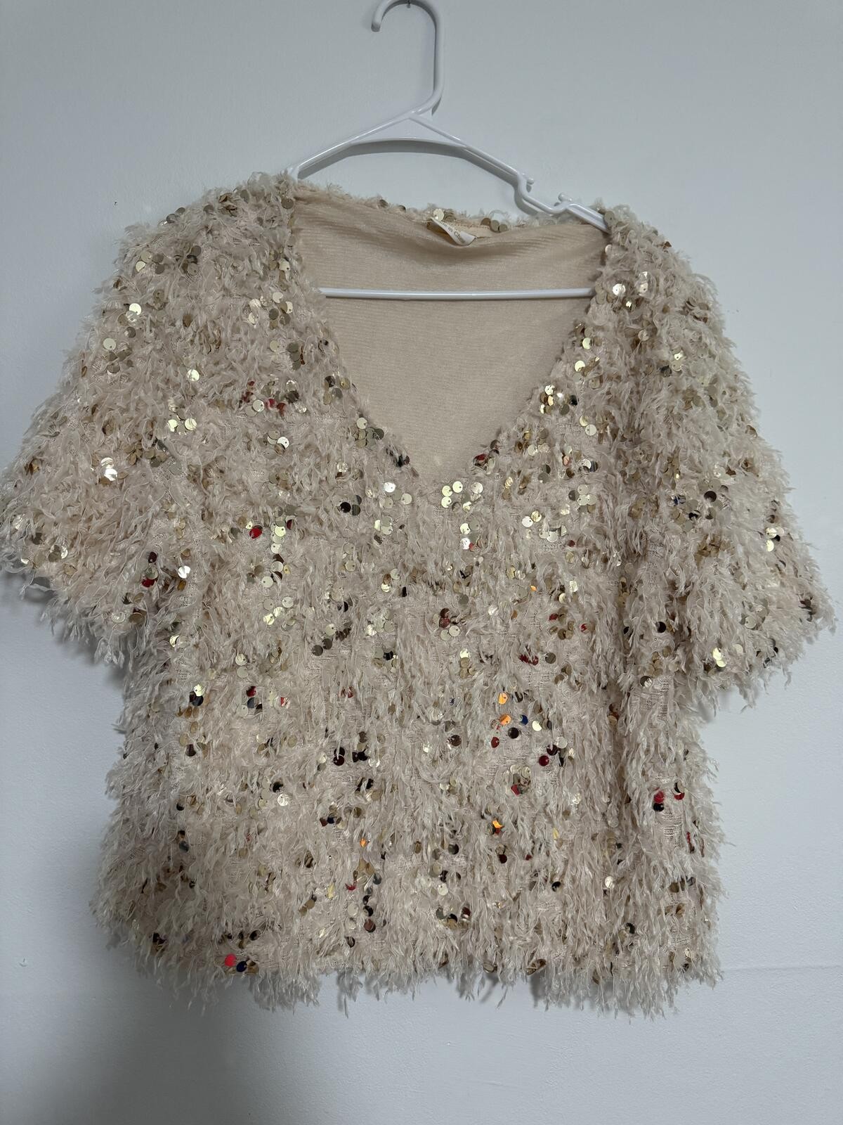 Y2K sequin eyelash knit party top champagne gold size L