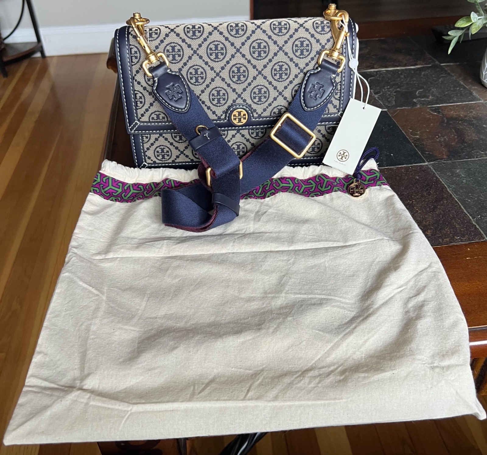 Tory Burch T Monogram Jacquard Shoulder Bag in Tory Navy (Style 155102)