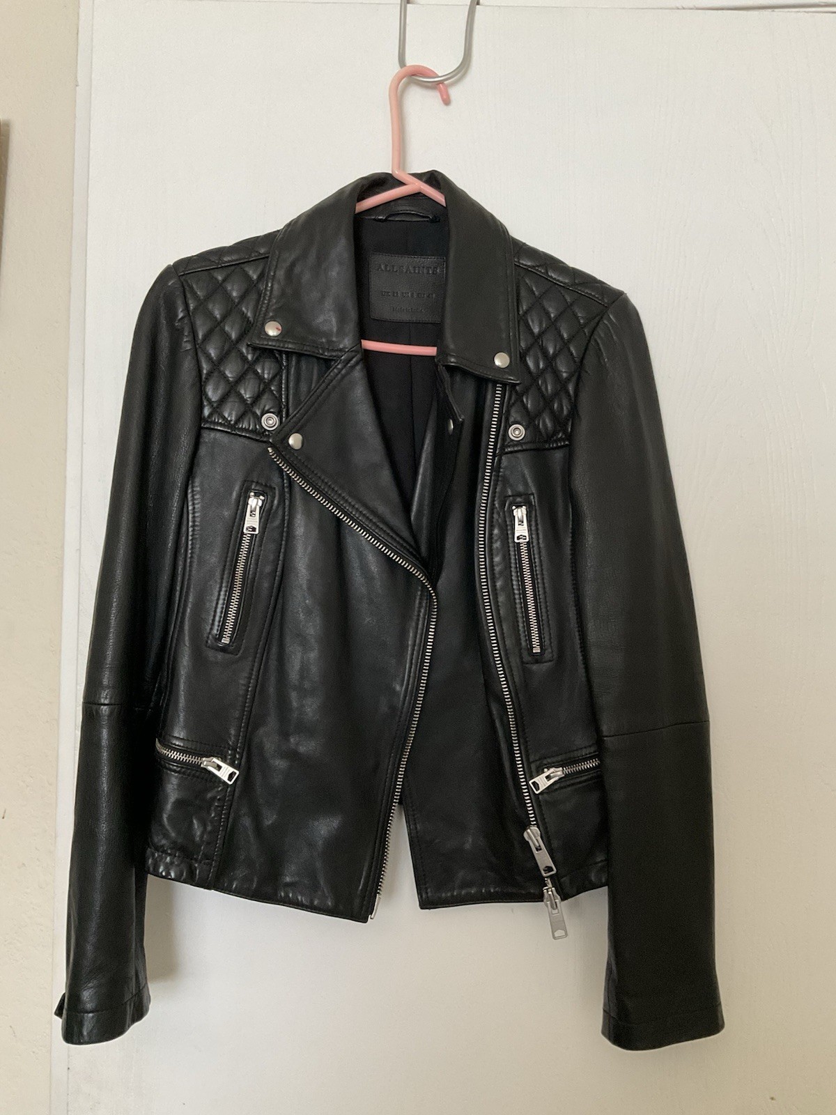 AllSaints Women’s Size 8 Black Quilted Biker Moto Jacket Zip Slim Short