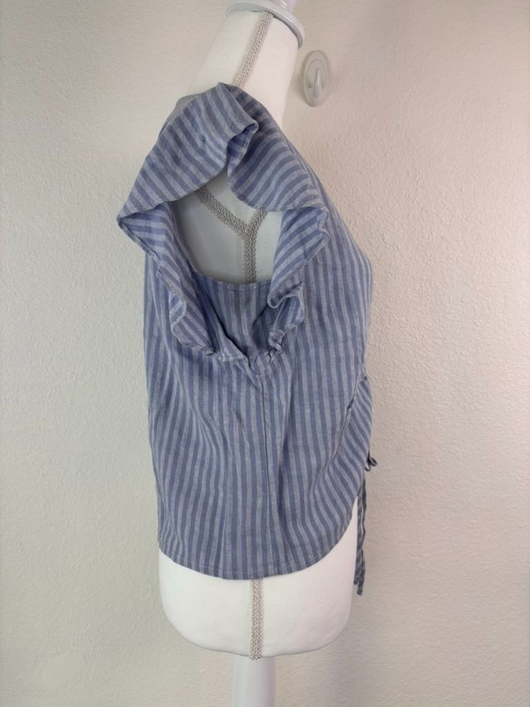 Madewell women’s 0 linen-blend ruffle sleeve drawstring crop top in stripe blue
