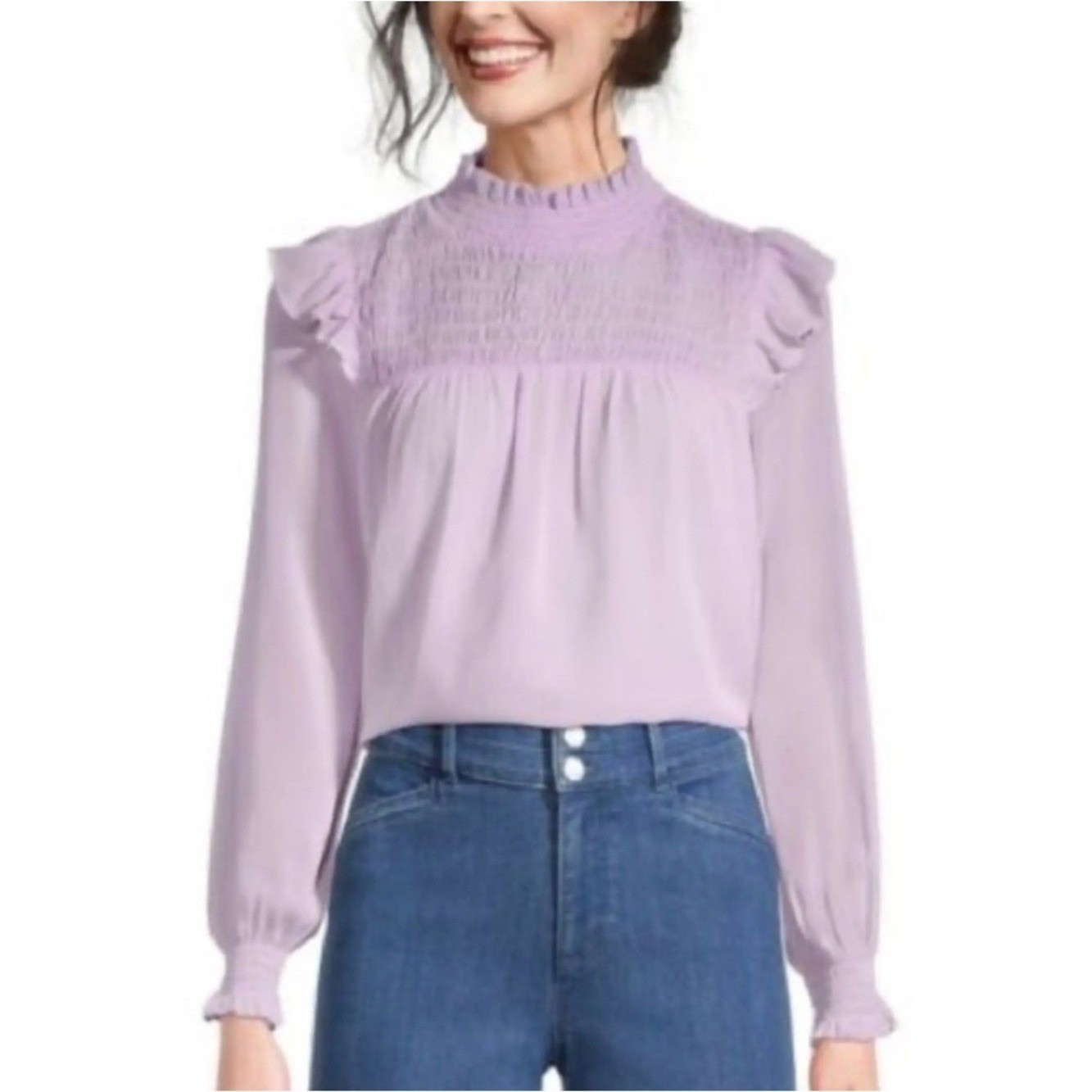 Ann Taylor Lavender Smocked Ruffle-Shoulder Blouse
