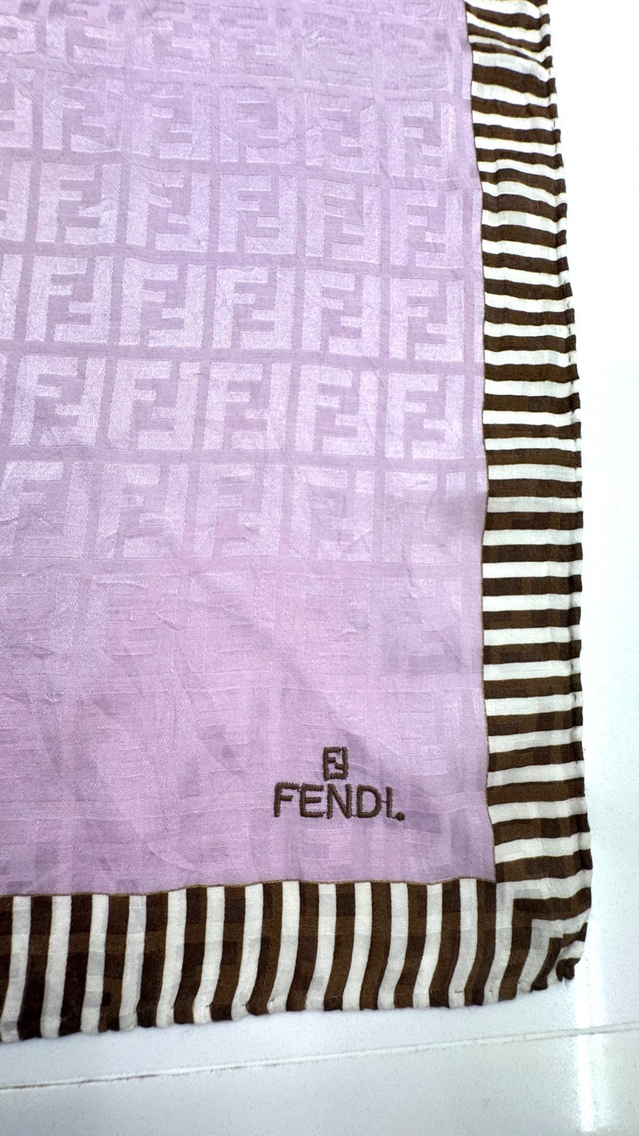 Fendi FF Monogram Pink Brown Striped Square Scarf 57cm Logo Vintage