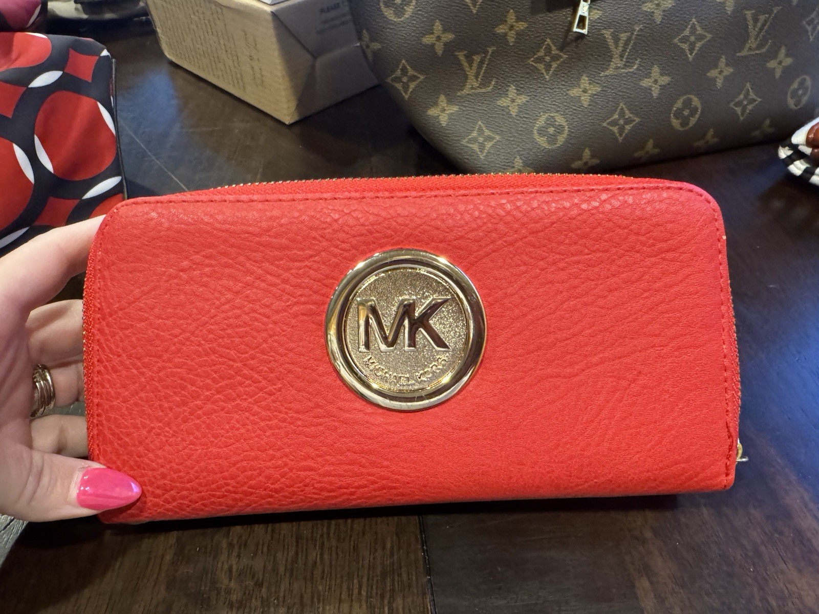 Michael Kors Red Zip-Around Wallet for Women with MK Logo, Credit Card Slots