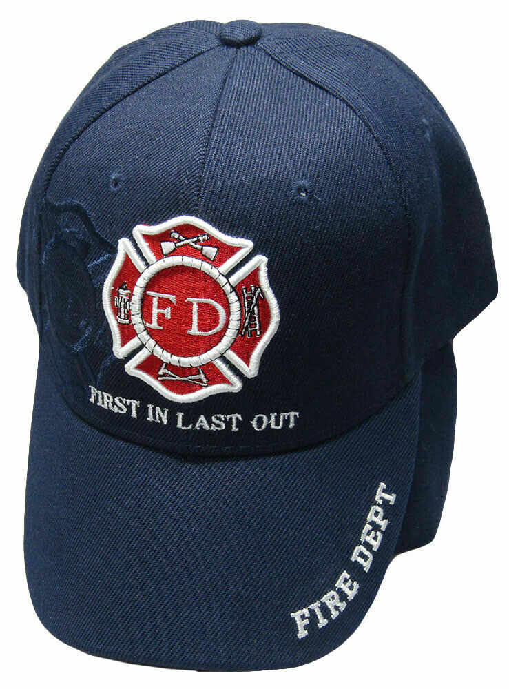 Fire Department First In Last Out Navy Blue Shadow Embroidered Cap Hat