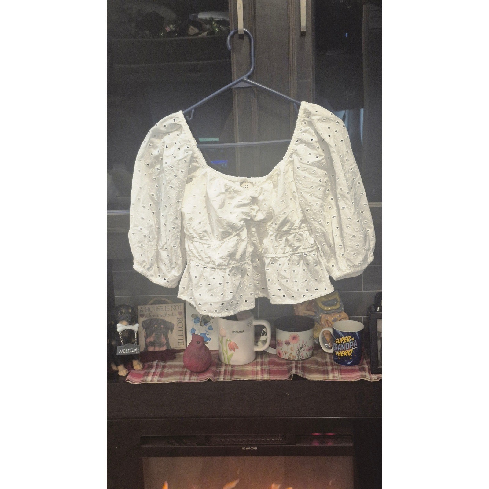 A New Day White Eyelet Puff Sleeve Peplum Top Square Neck 100% Cotton Blouse S