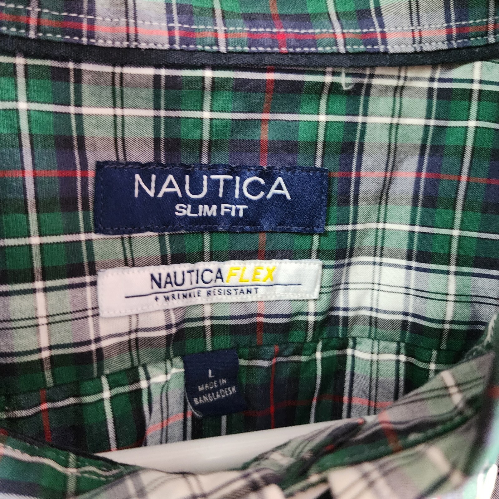 Nautica Men’s Slim Fit Wrinkle-Resistant Plaid Shirt, Green, Large**DEFECTIVE**