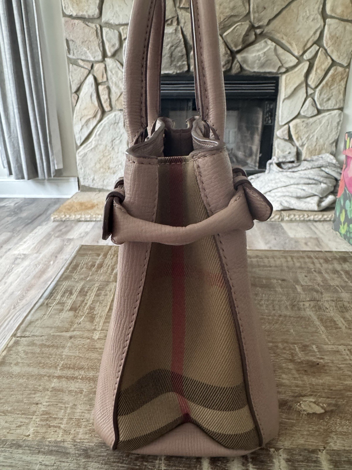 BURBERRY Pink Pebbled Satchel Top Handle Check Panels Gold Hardware COA