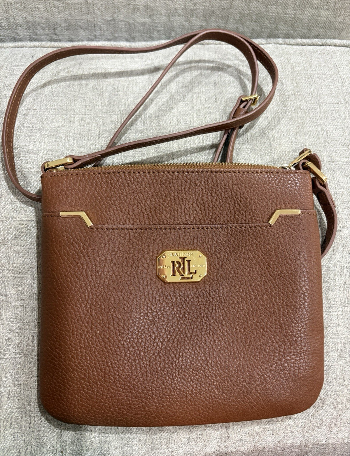 Lauren Ralph Lauren Brown Pebbled Crossbody Bag Zip Closure Gold Tone Logo