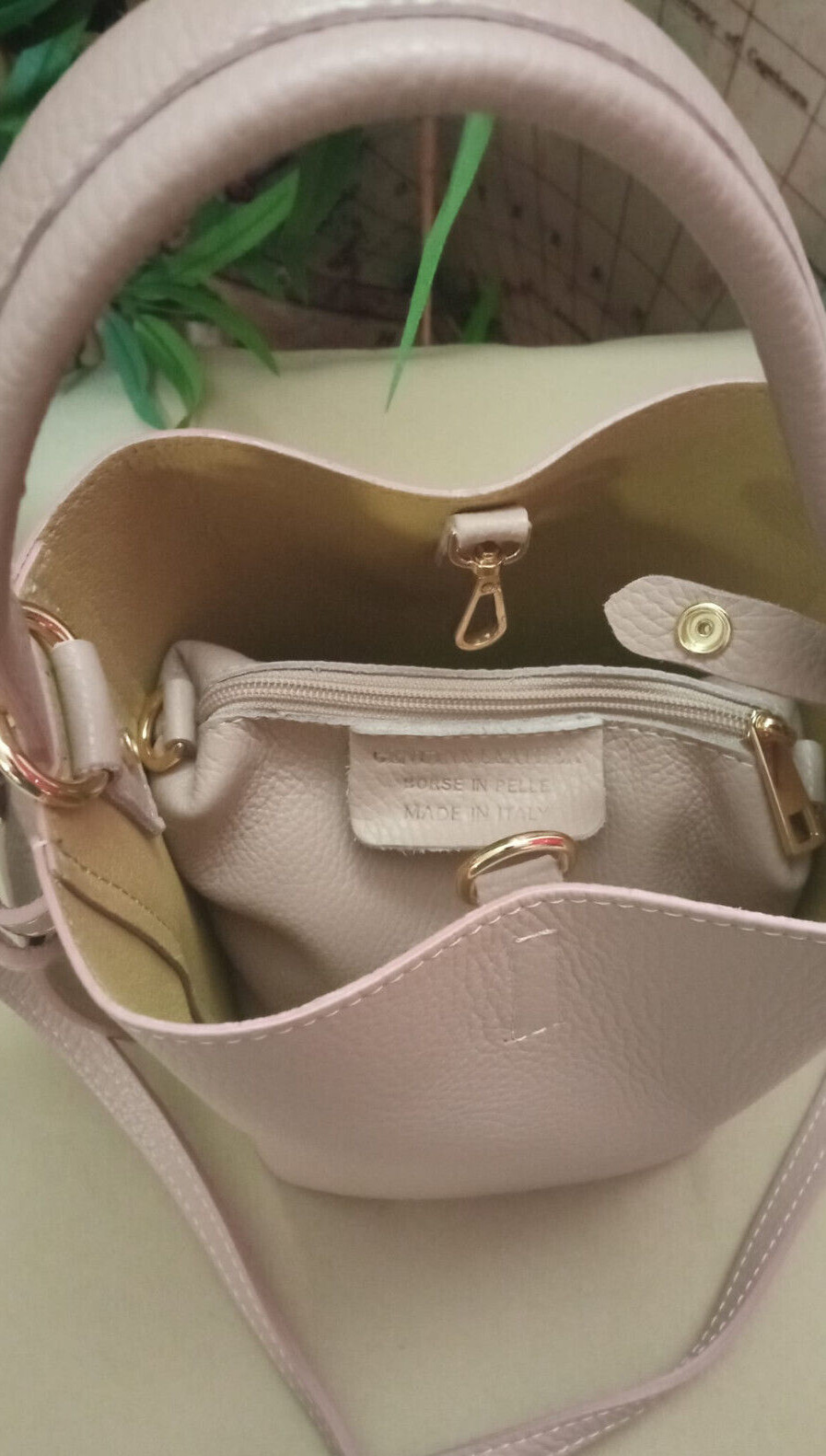 Quadro Bucket Bag with Pockets and Shoulder Strap Color Nude GENUINE LEATHER Made…