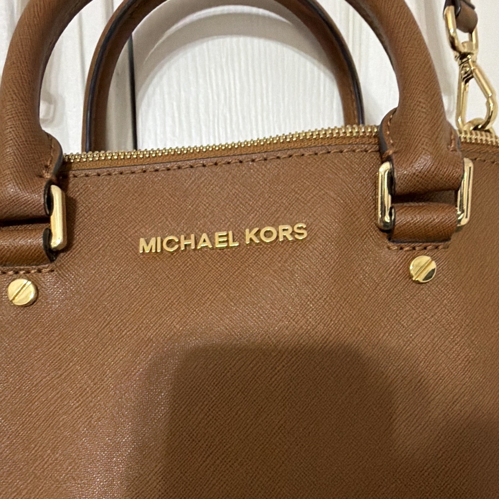 Michael Kors Brown Satchel Top Handle Bag Gold Hardware Detachable Strap