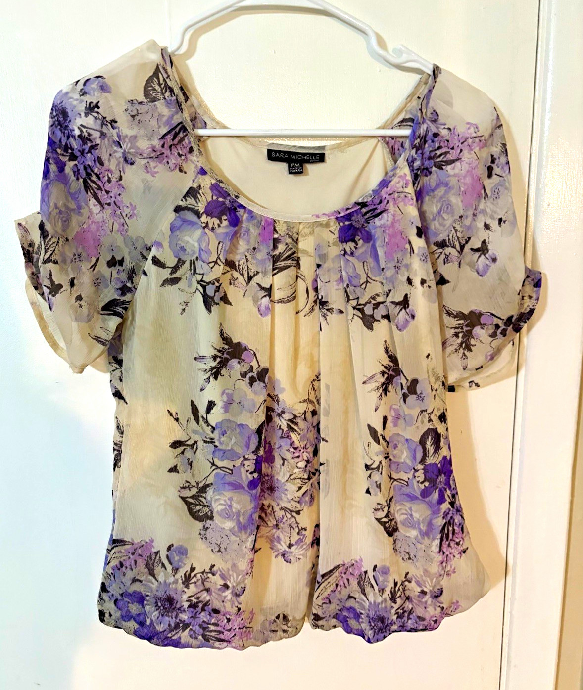 Sara Michelle PM Blouse Bubble Hem Purple Floral Chiffon Petite Romantic Top