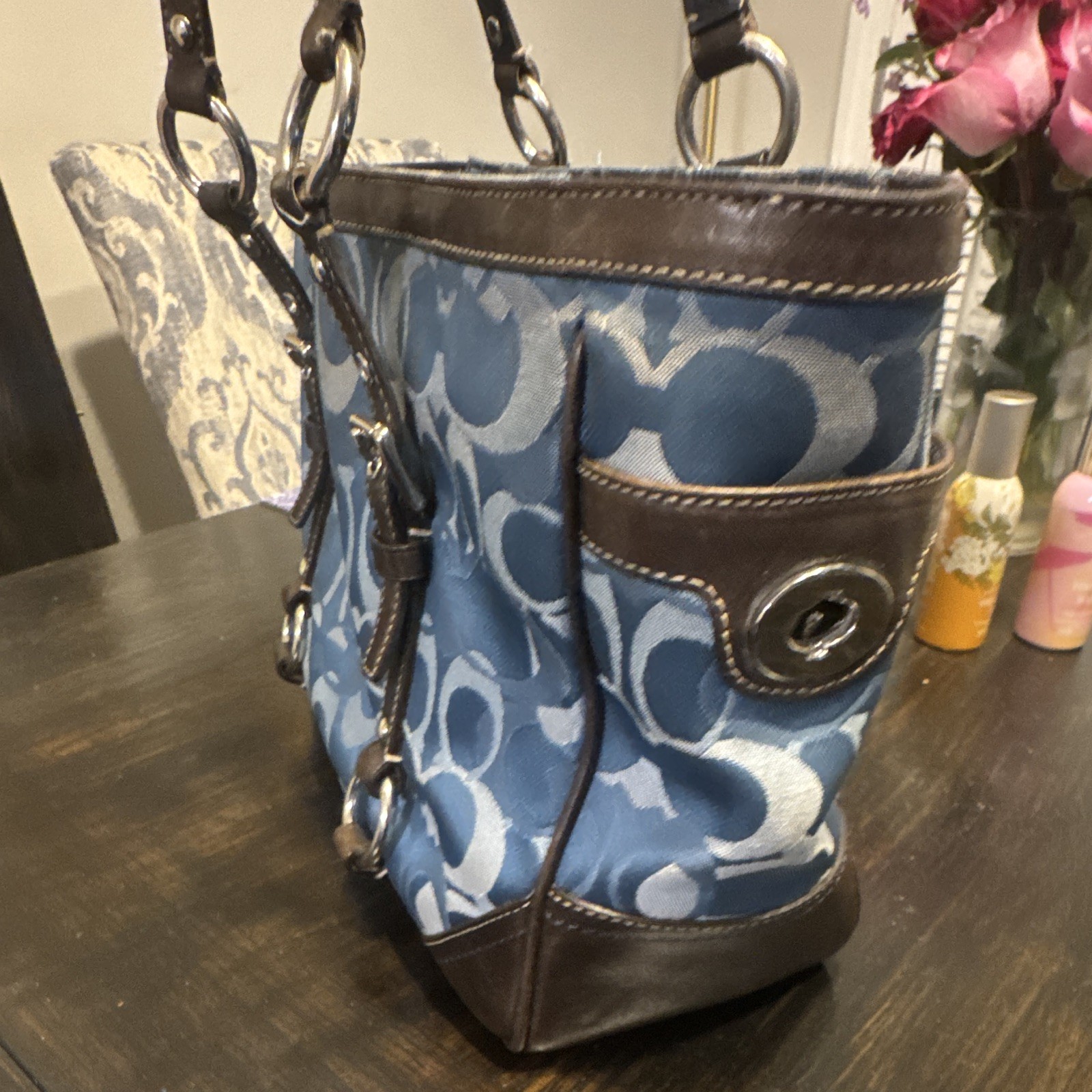 Coach Signature Blue/Brown Medium Tote Shoulder Bag Zip Double Handles Strap