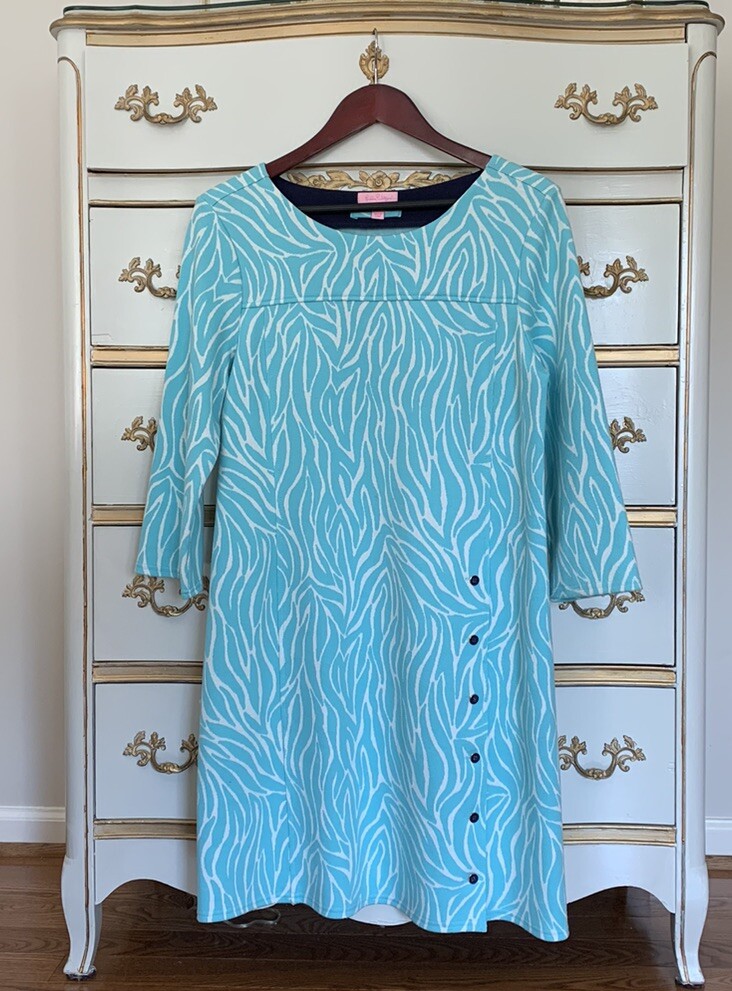 Lilly Pulitzer Blue Dress Large Shift Sleeves Self Tie Belt