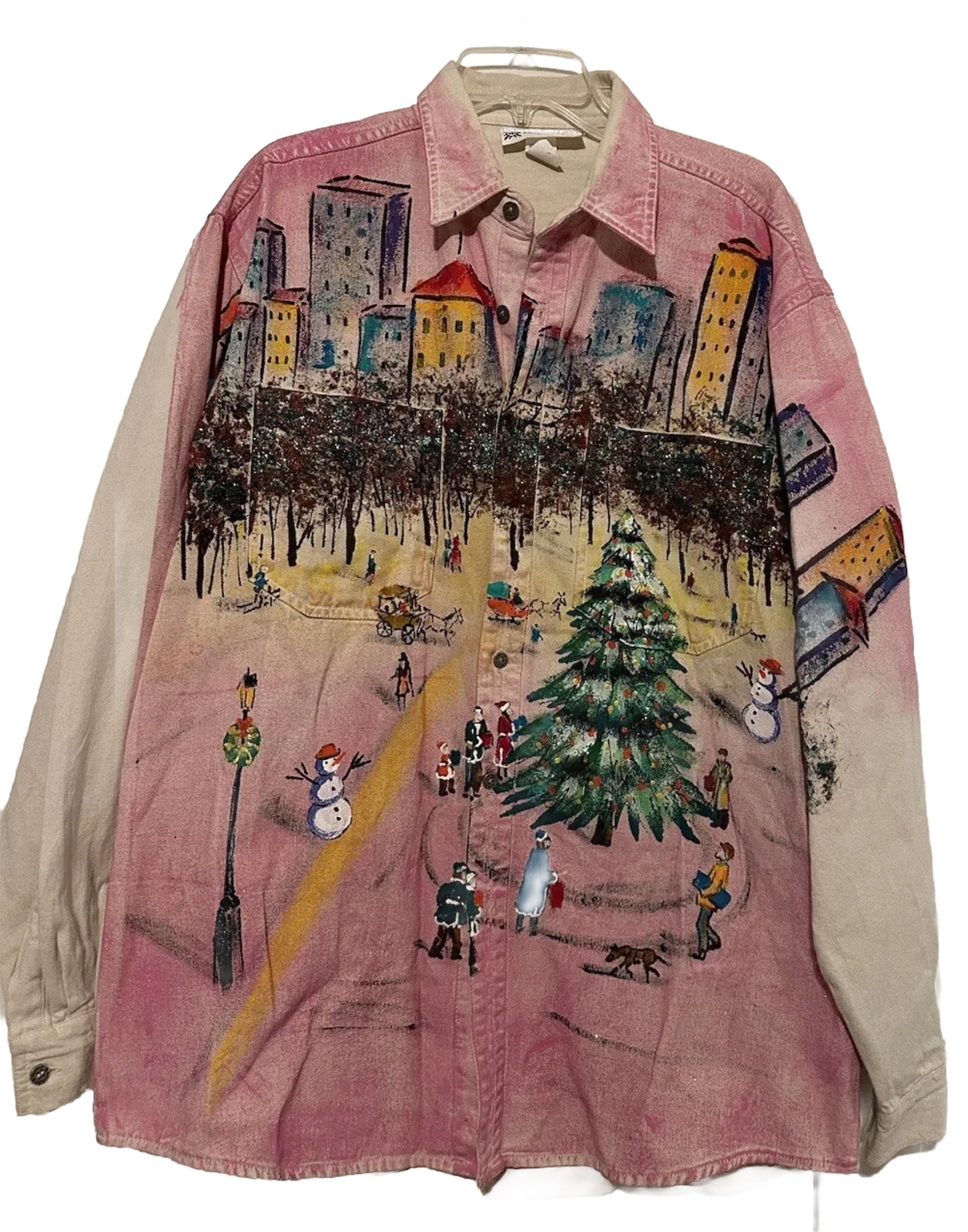 VTG Artisan Art To Wear L Hand Painted Winter Wonderland Button Up Top Granny