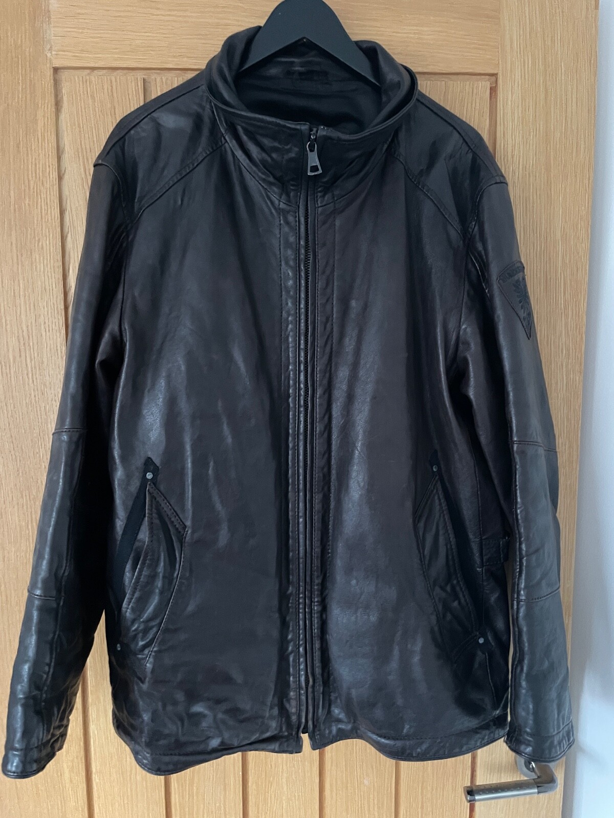 Vintage Brown Strellson Swiss Cross Leather Jacket Coat Size L Large Great Cond