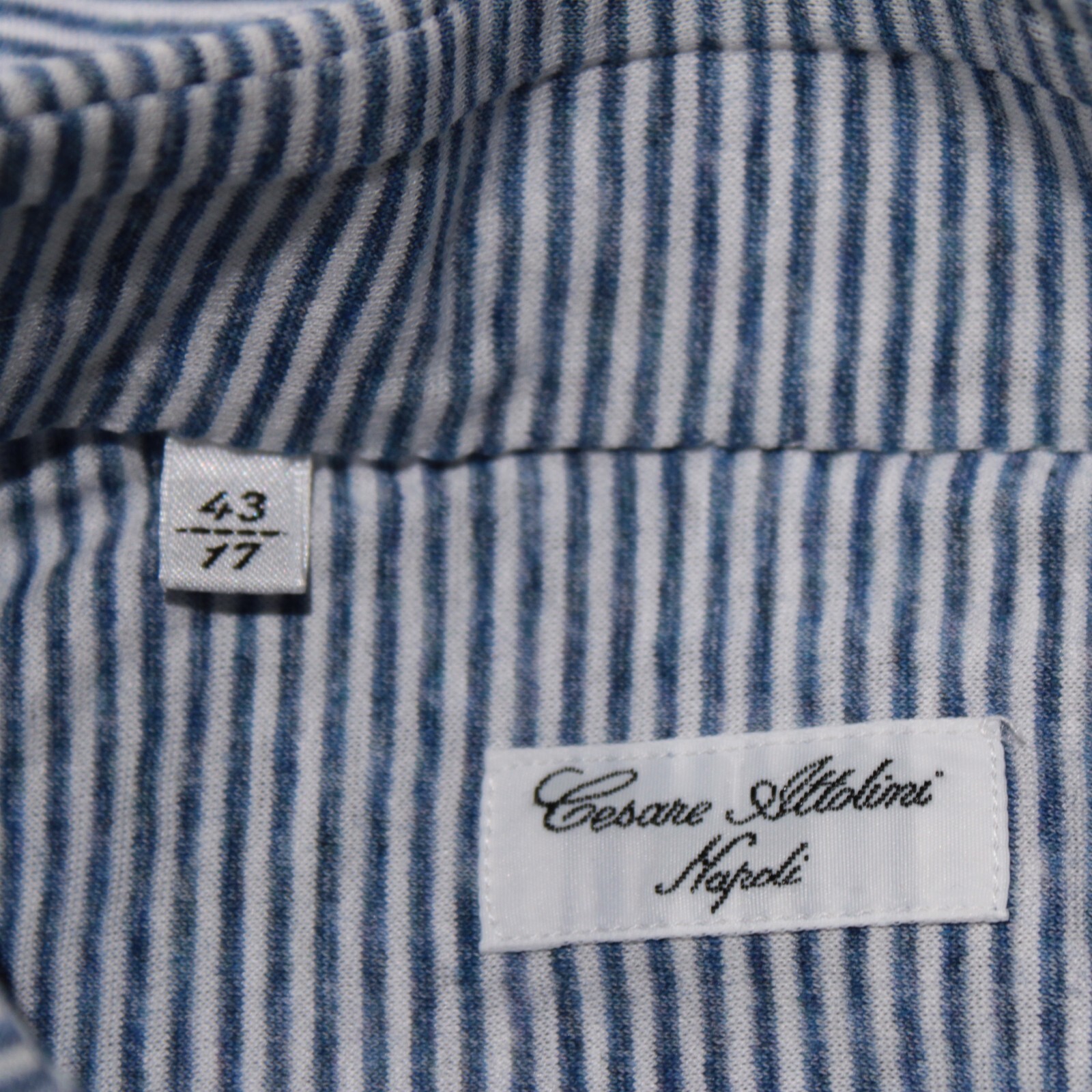 Cesare Attolini NWD Long Sleeve Polo Shirt Size 43 17 in Blue & White Stripes