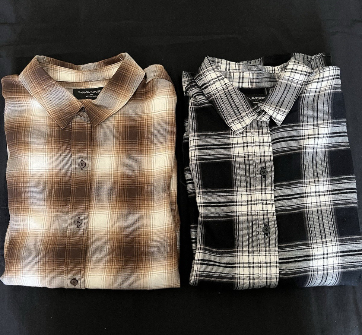 2 Banana Republic Women’s Plaid Boyfriend Fit Shirts Brown/Camel & Black/White