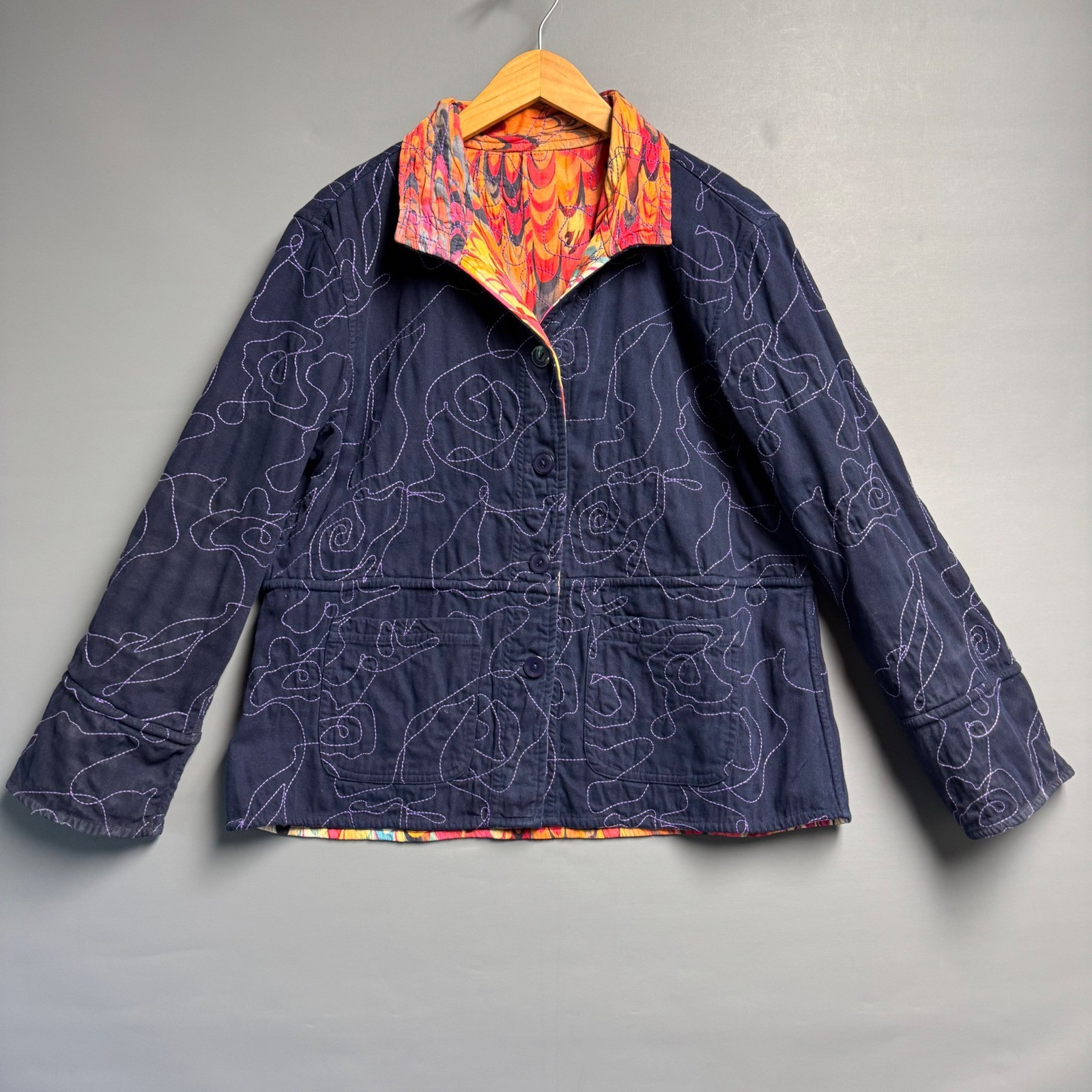 Casual Studio Reversible Quilted Jacket Large Marbled Feather Print Navy Cotton