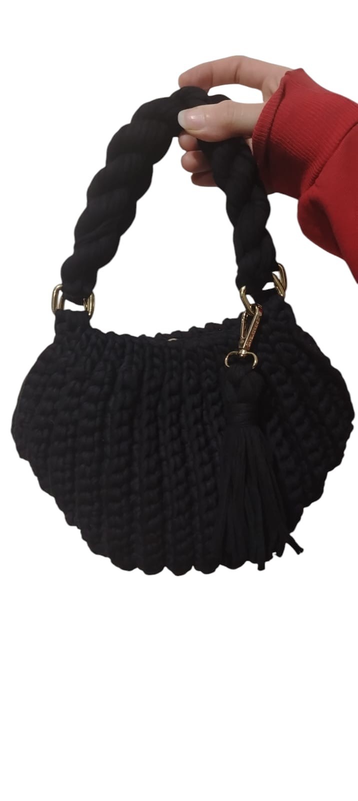 Black Handmade Crochet Purse Boho Tassel Bag Women Top Handle Knit Handbag