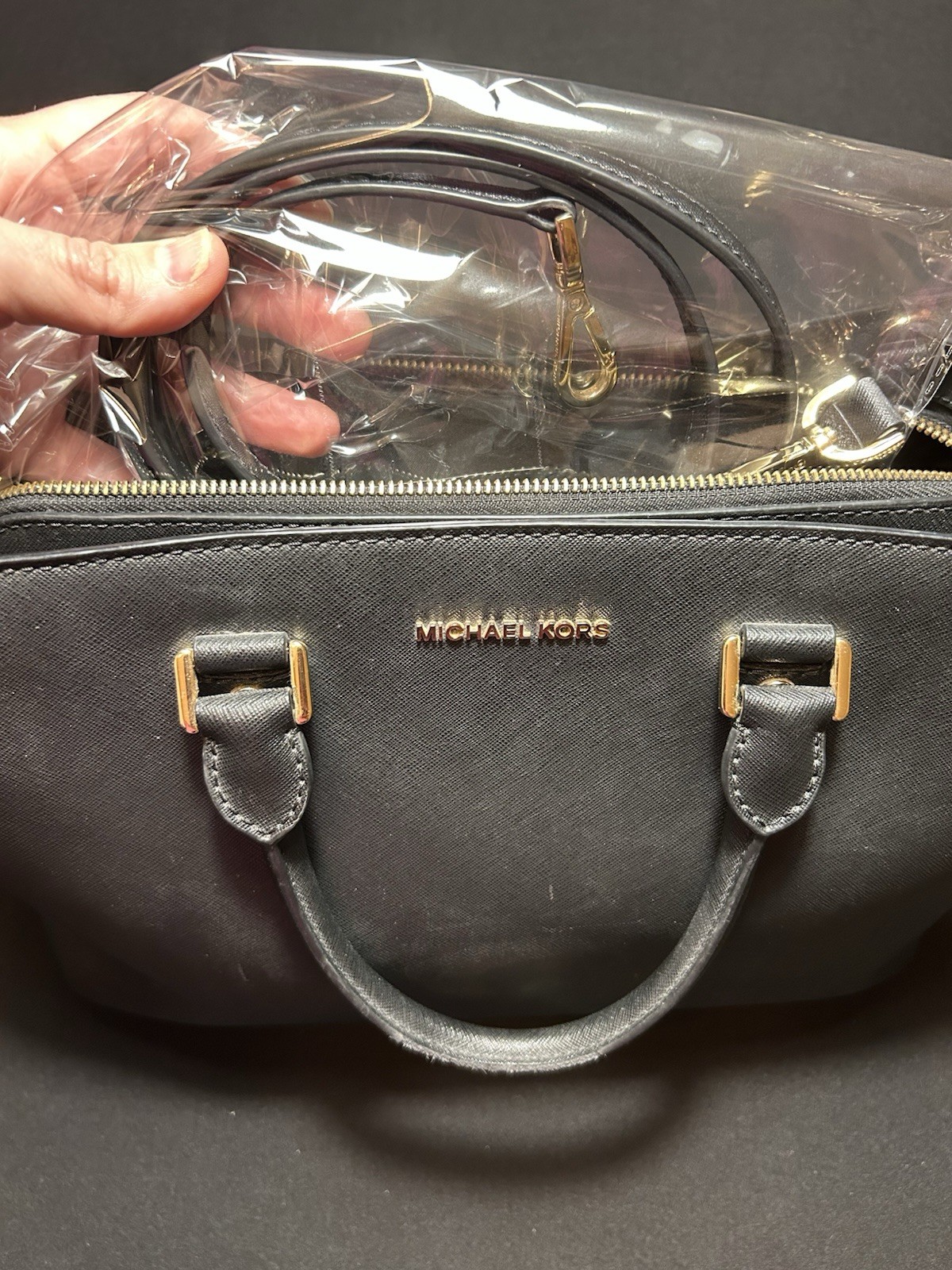 Michael Kors Savannah Large Satchel Black Saffiano Leather Gold Crossbody Strap