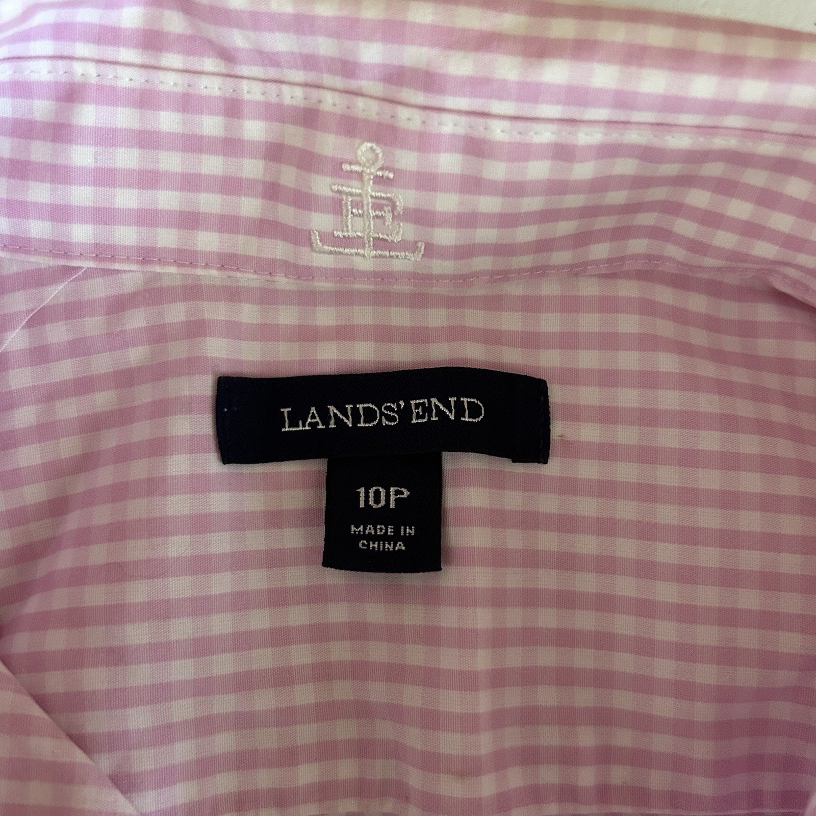 Lands End Womens 10P Button Front Shirt Pink White Gingham Check Supima