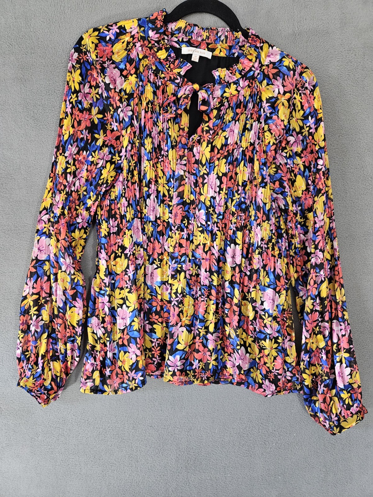 Skies Are Blue Boho Womens Medium Multicolor Floral Shirt Crinkle Vneck Tassels