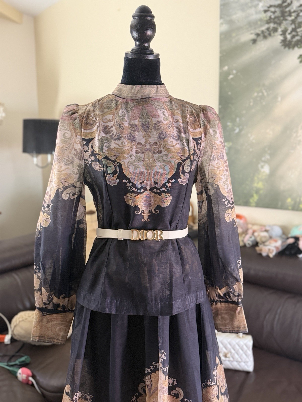 Women’s 2 piece set Black Beige Paisley Chiffon Maxi Dress High Neck Puff Sleeve