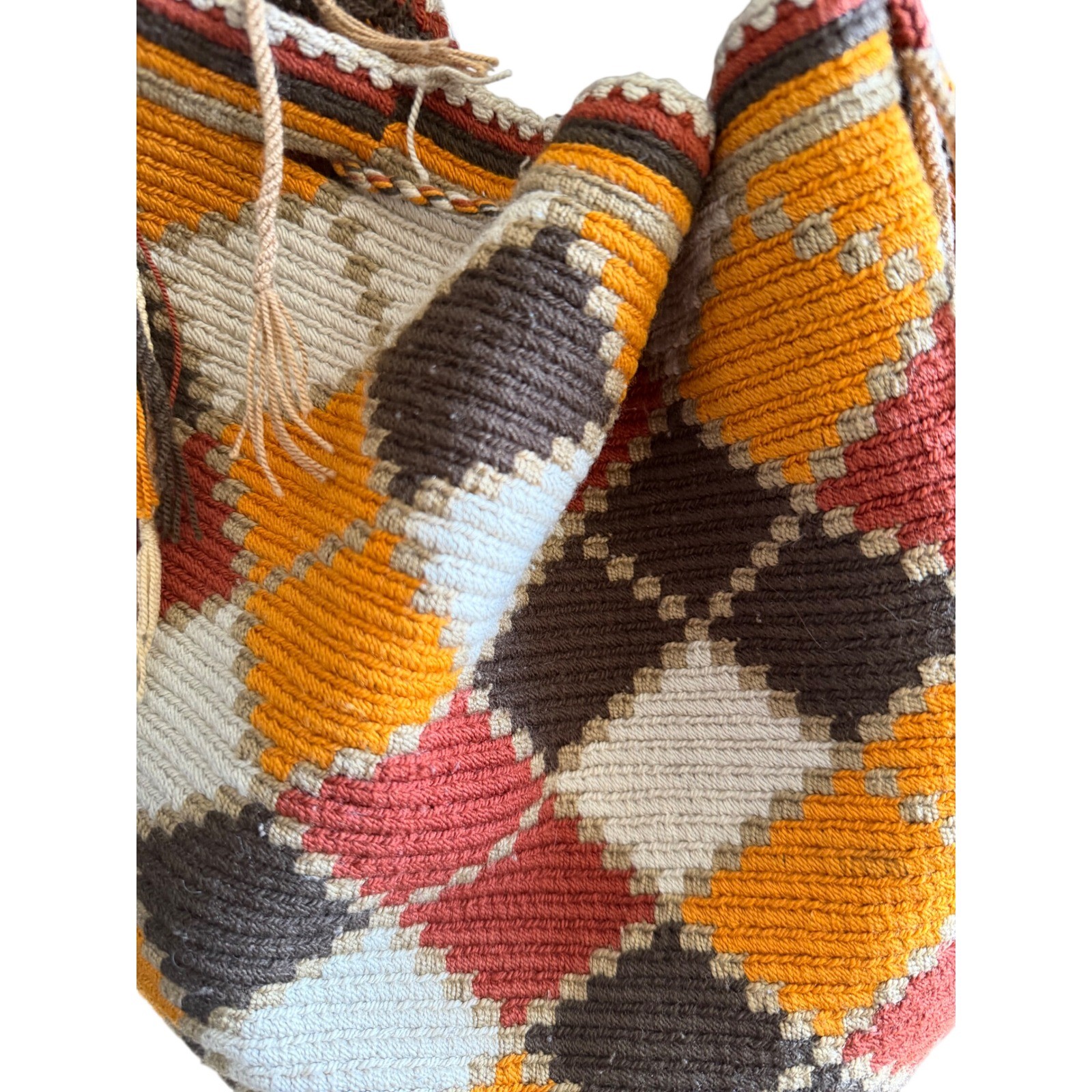 Vintage Wayuu Mochila Hand Woven Geometric Crossbody Tassel Bag Earth Tones