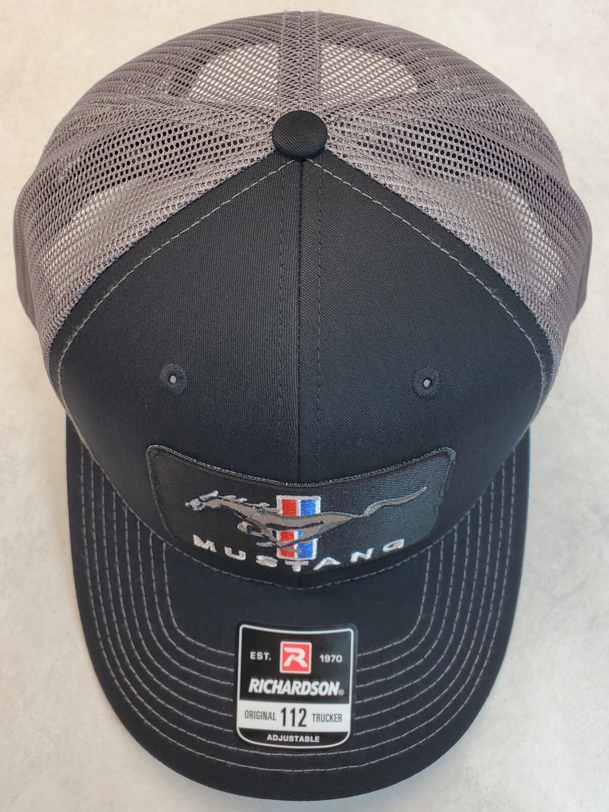Mustang Embroidered Patch on Richardson 112 Trucker Hat Black/Charcoal