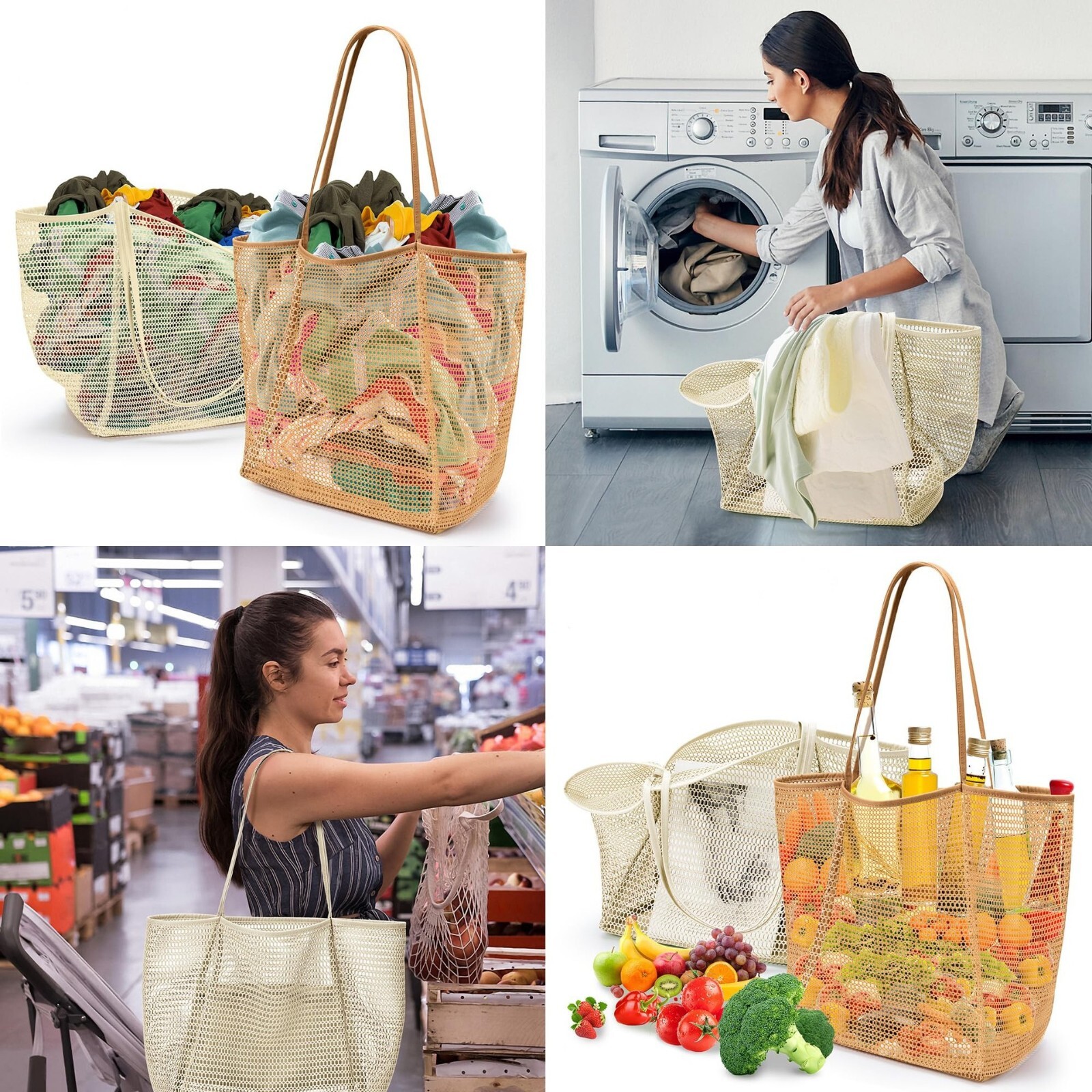 Casual Tote Bag Large Mesh Beach Friendly Picnic Vacation Shoulder Bag w/Pockets