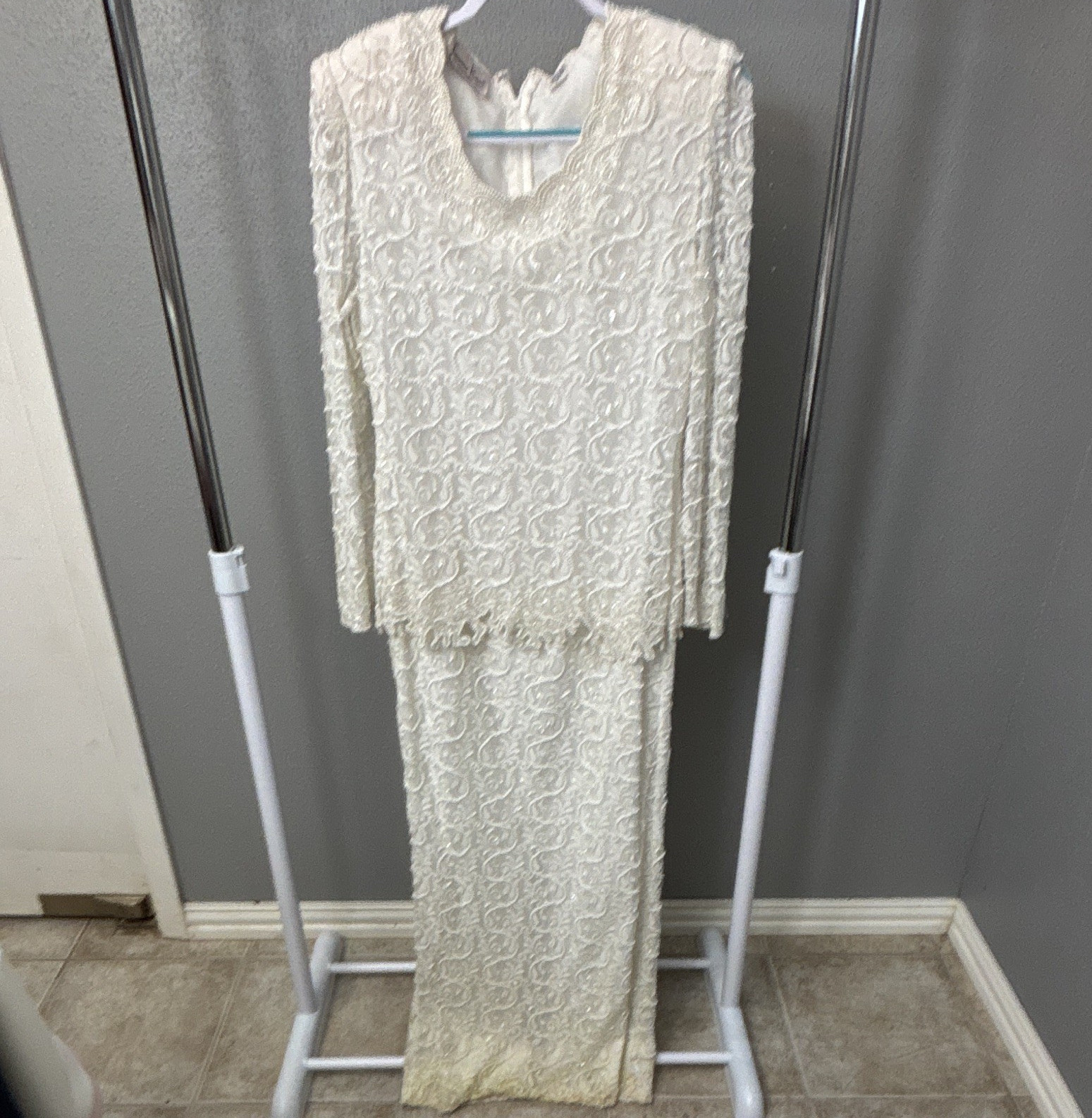 Vintage Laurence Kazar Ivory Floral Lace Beaded Sequin Wedding Long Sleeve Dress